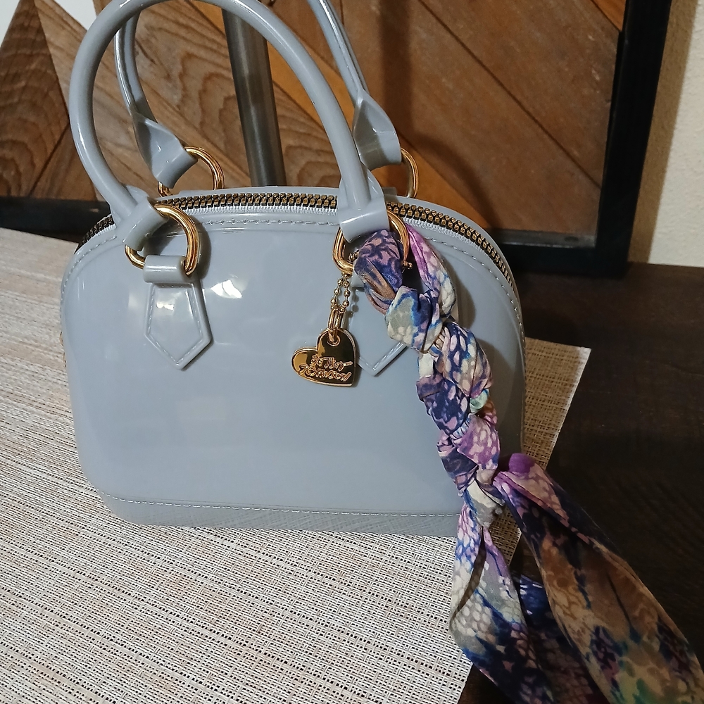 Betsey Johnson Light Gray Dome Satchel with Braided Scarf Accent. NWOT
